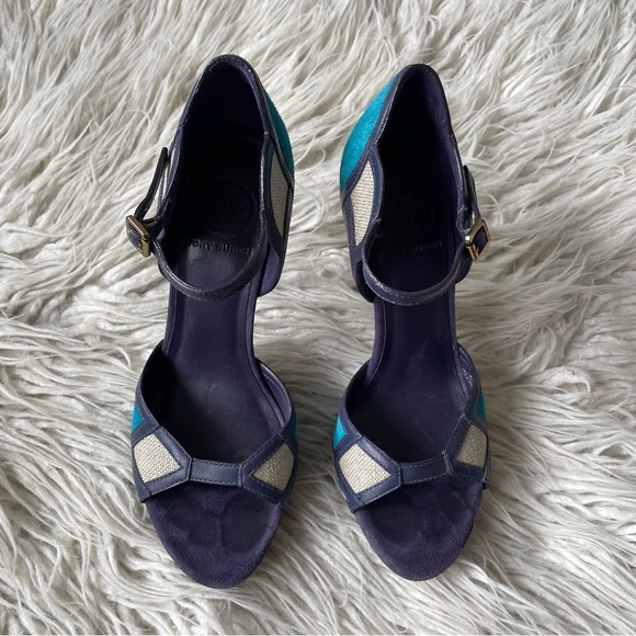 Tory Burch Color Block Mixed Media Blue Gray Suede Canvas Heeled Sandals Sz 7.5 - Picture 4 of 10